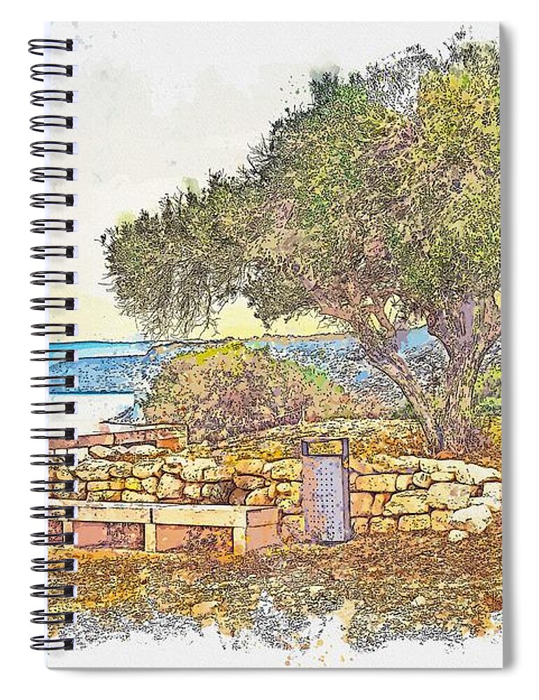 Nature Spiral Notebook featuring the painting Costal Landscape in Kourion Cyprus - watercolor by Ahmet Asar #1 by Celestial Images