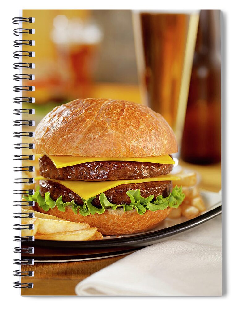Pub Food Spiral Notebook featuring the photograph Double Cheeseburger With A Beer #1 by Lauripatterson