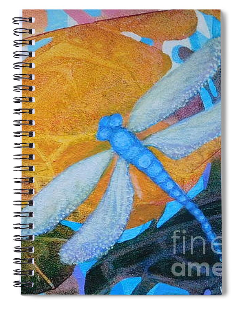 This Bright Colored Painting Of A Dragon Fly In Visiting An Imaginary Tropical Garden Was Done Using Only The Three Primary Colors. It Just Won A Ribbon In The Monthly Pinellas Park Members Show! Spiral Notebook featuring the painting Dragon Dance #2 by Joan Clear