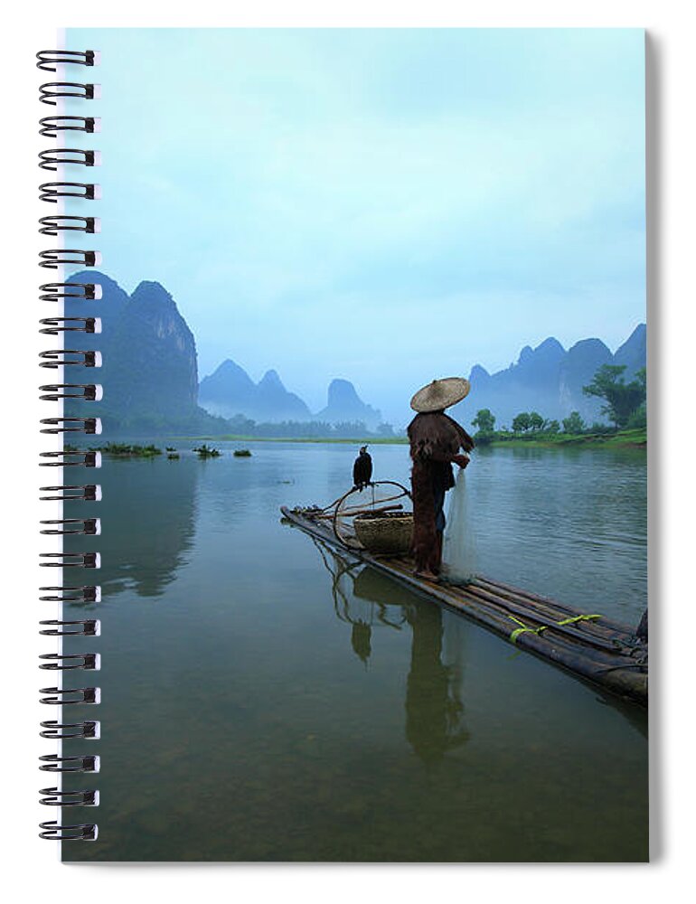 Chinese Culture Spiral Notebook featuring the photograph Fisherman On Li River #1 by Bihaibo