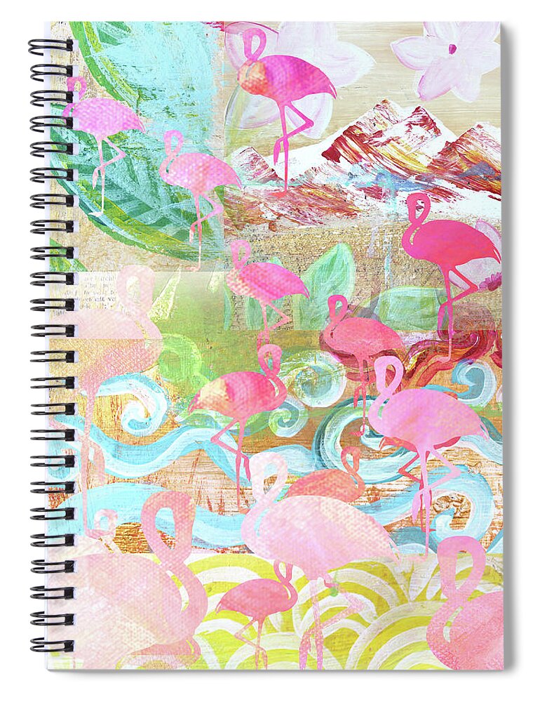 Flamingo Collage Spiral Notebook featuring the mixed media Flamingo Collage by Claudia Schoen