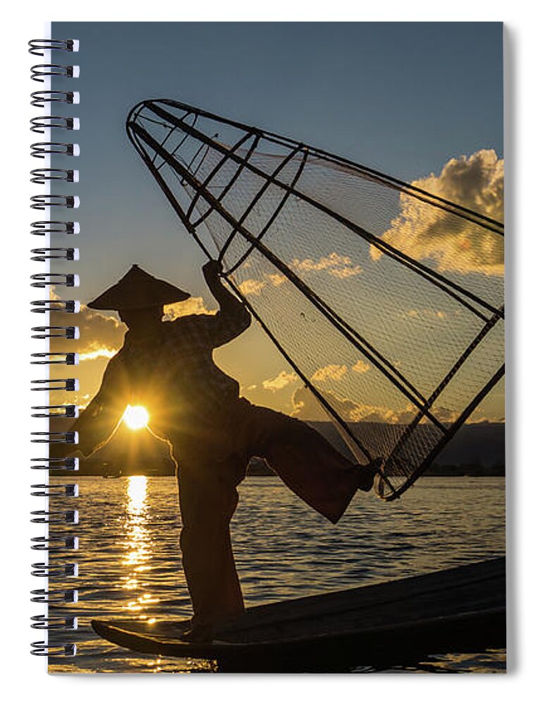 Fisherman Spiral Notebook featuring the photograph Intha fisherman on Lake Inle in Myanmar #2 by Ann Moore