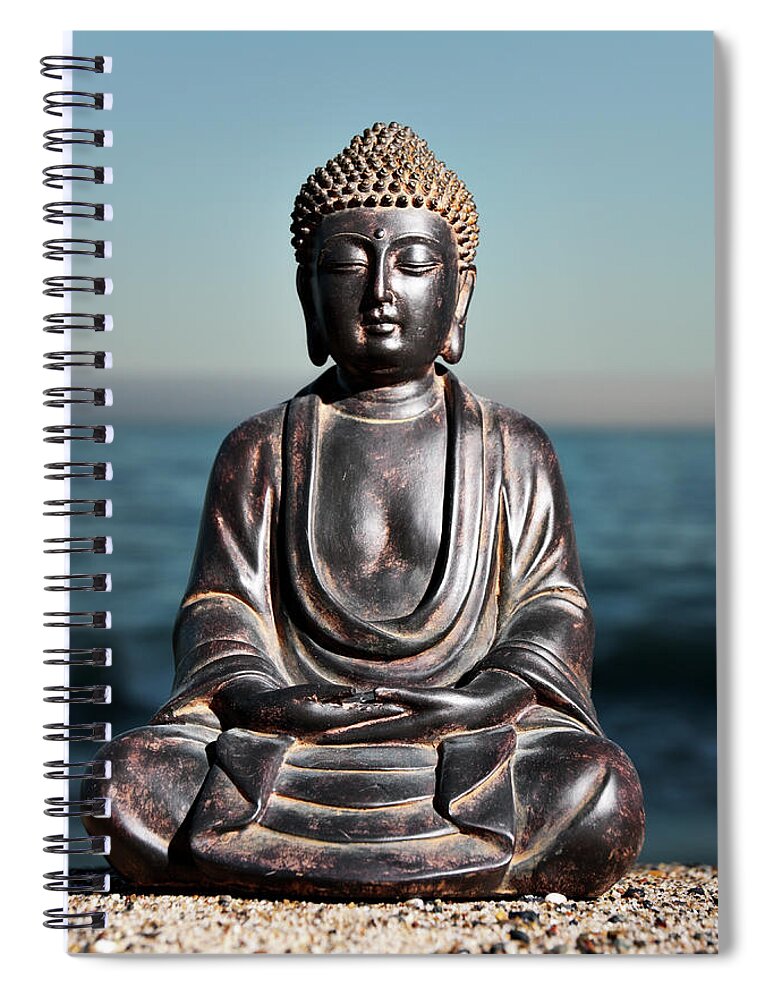 Water's Edge Spiral Notebook featuring the photograph Japanese Buddha Statue At Ocean Shore by Wesvandinter