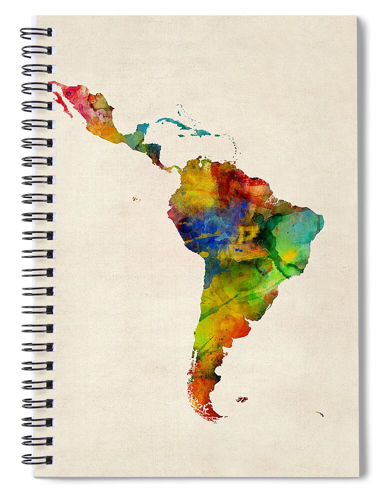 Latin America Spiral Notebook featuring the digital art Latin America Watercolor Map #1 by Michael Tompsett
