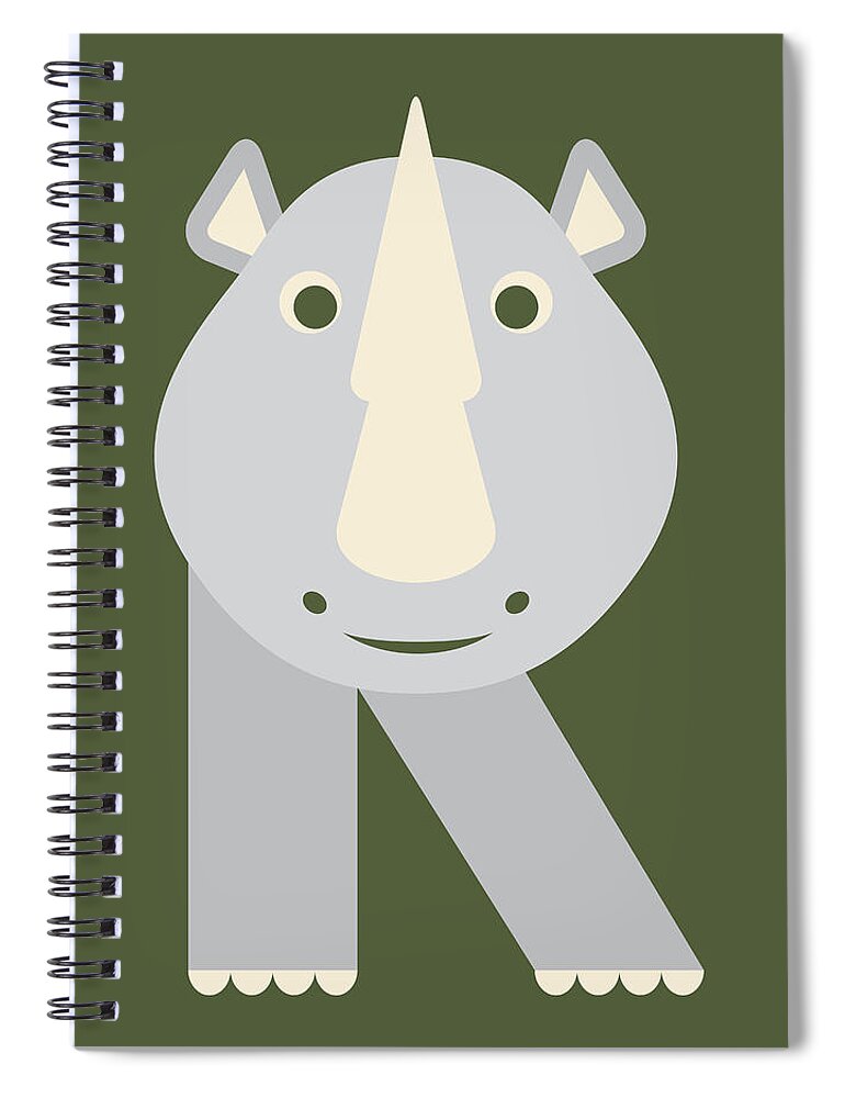 Animal Alphabet Spiral Notebook featuring the digital art Letter R - Animal Alphabet - Rhino Monogram by Jen Montgomery