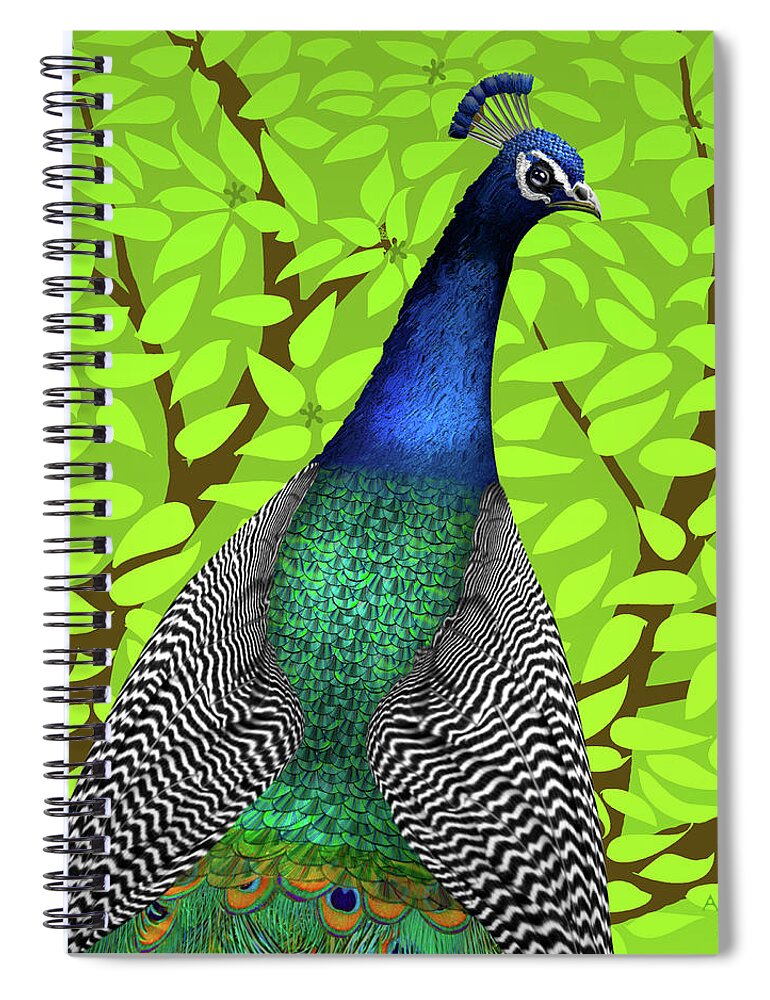 Peacock In Tree Spiral Notebook featuring the painting Peacock in Tree, Lime Green, Square by David Arrigoni