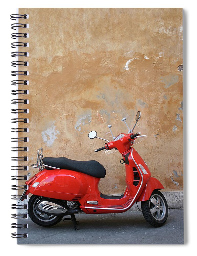 Cool Attitude Spiral Notebook featuring the photograph Red Scooter And Roman Wall, Rome Italy #1 by Romaoslo