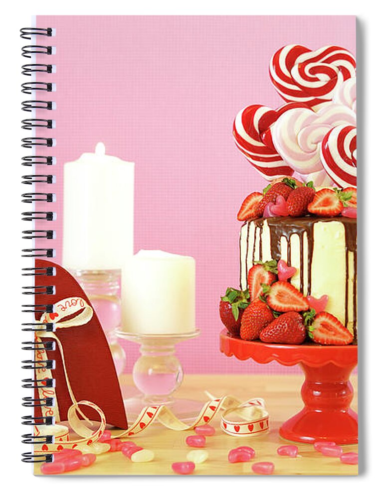 Valentine Day Spiral Notebook featuring the photograph Valentine's Day candyland drip cake decorated with heart shaped lollipops. #1 by Milleflore Images