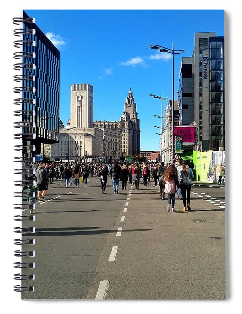 The Strand Liverpool Spiral Notebook featuring the photograph Walking Along The Strand #2 by Joan-Violet Stretch