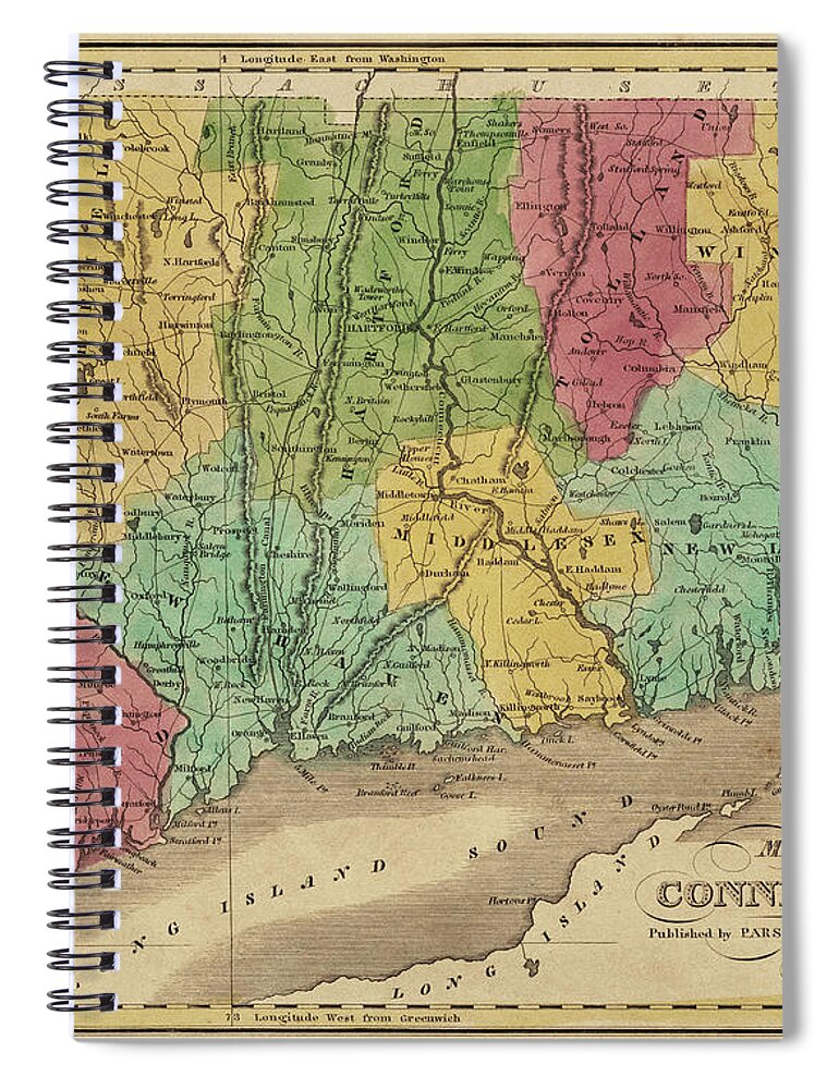 Connecticut Spiral Notebook featuring the digital art 1835 Map of Connecticut and Long Island Sound Historical Map by Toby McGuire