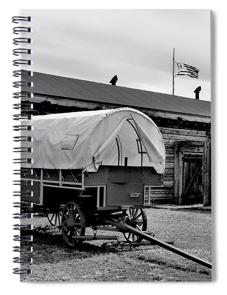 Wagon Spiral Notebook featuring the photograph 1875 Fort Parking Lot - BW001 by Jor Cop Images