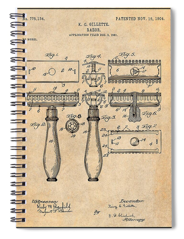 1901 Gillette Safety Razor Patent Print Spiral Notebook featuring the drawing 1901 Gillette Safety Razor Antique Paper Patent Print by Greg Edwards