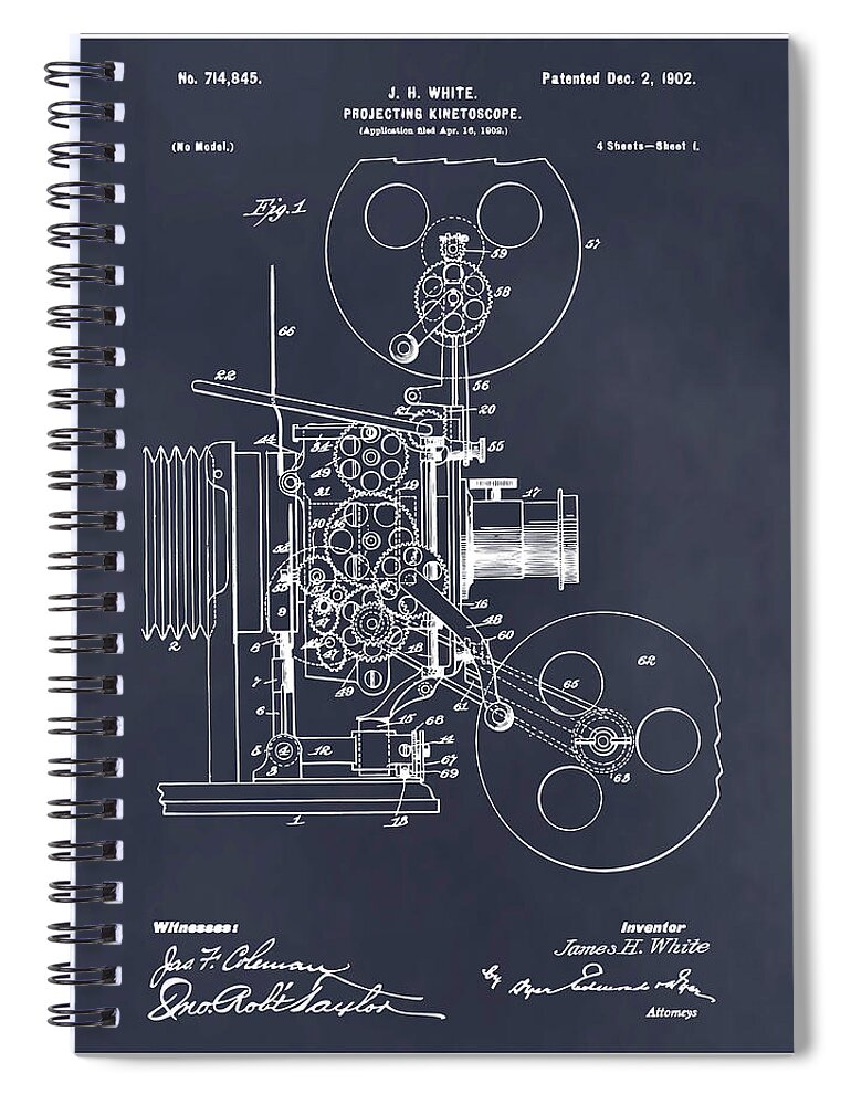 1902 Projecting Kinetoscope Patent Print Spiral Notebook featuring the drawing 1902 Projecting Kinetoscope Blackboard Patent Print by Greg Edwards