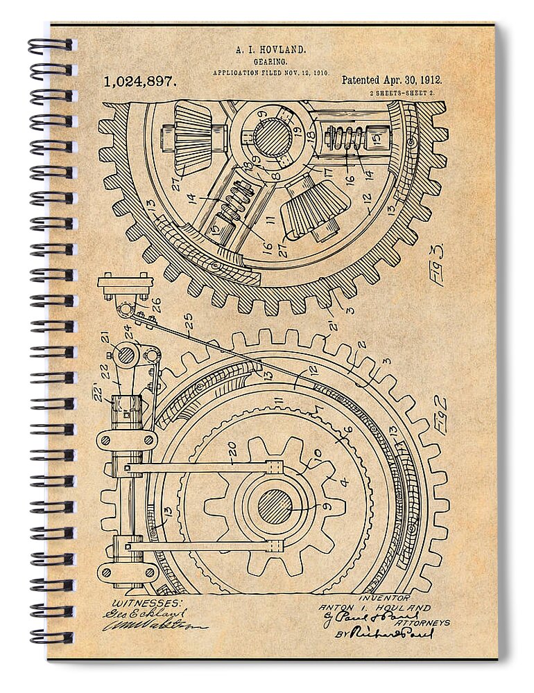 1910 Hovland Gear Patent Print Spiral Notebook featuring the drawing 1910 Hovland Gear Antique Paper Patent Print by Greg Edwards