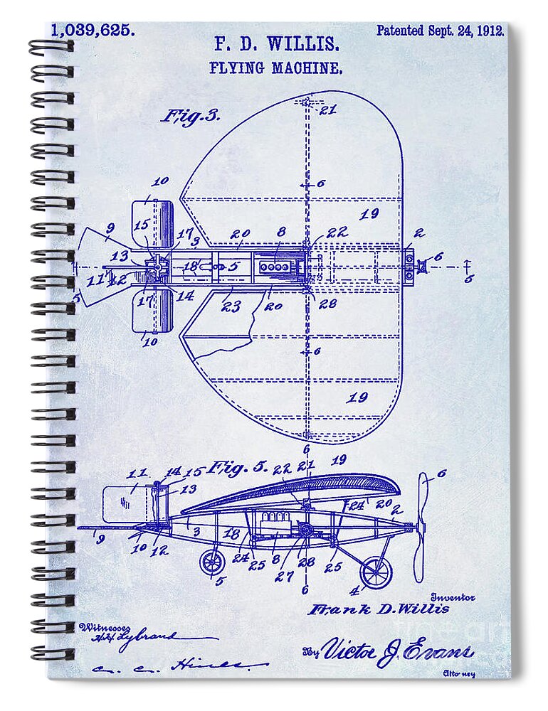1920 Airplane Patent Spiral Notebook featuring the photograph 1912 Flying Machine Patent Blueprint by Jon Neidert