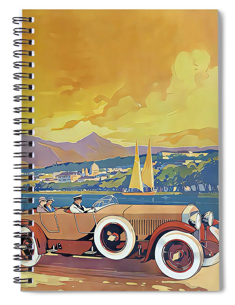 Vintage Spiral Notebook featuring the mixed media 1926 Open Touring Car With Passengers Ocean Setting Original French Art Deco Illustration by Retrographs