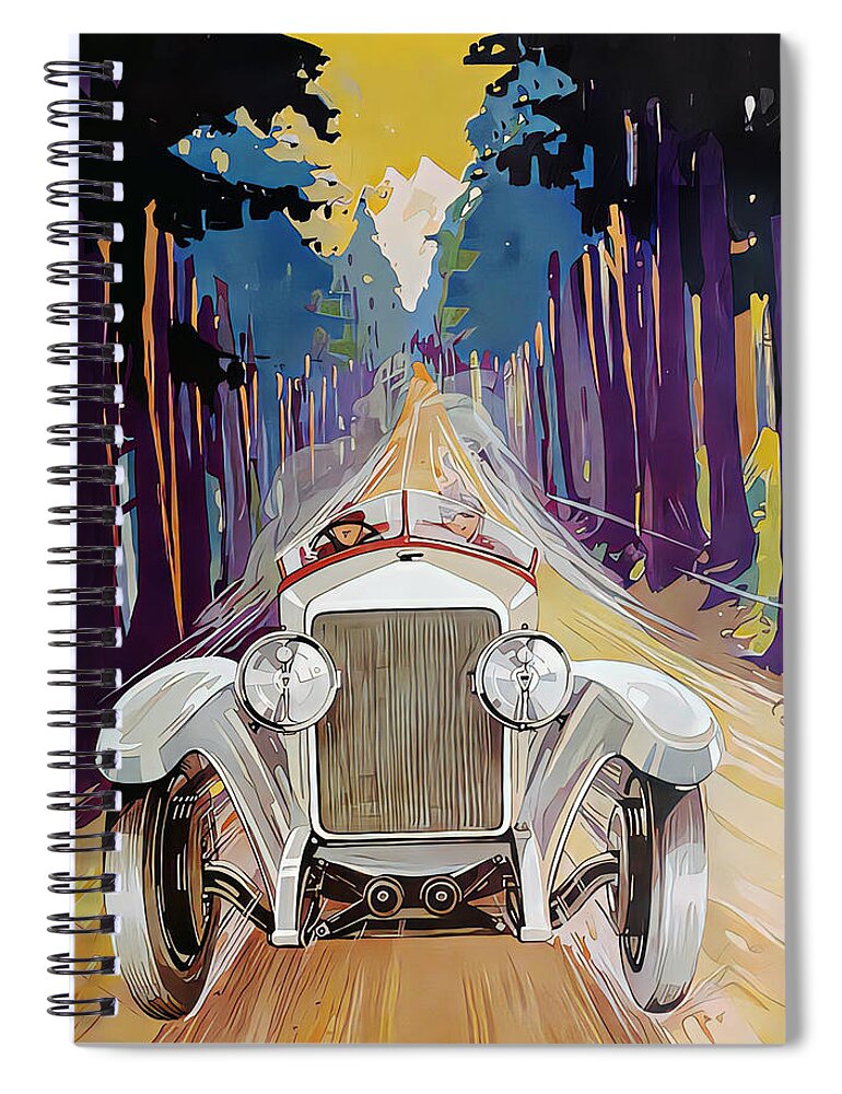 Vintage Spiral Notebook featuring the mixed media 1927 Voison With Couple In Mountain Setting Original French Art Deco Illustration by Retrographs
