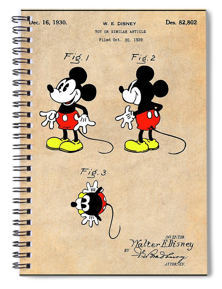 Walt Disney Spiral Notebook featuring the drawing 1930 Walt Disney Colorized Mickey Mouse Patent Print Antique Paper by Greg Edwards