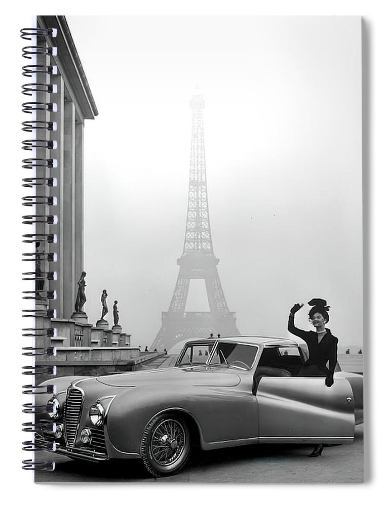 Vintage Spiral Notebook featuring the photograph 1930s Delahaye Show Car With Fashion Model On Paris Street by Retrographs