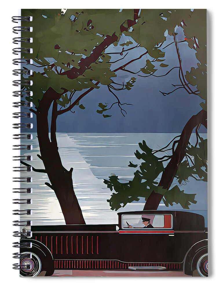 Vintage Spiral Notebook featuring the mixed media 1931 Bentley Speed Six Corsica Coupe With Driver In Lake Setting Original French Art Deco Illustration by Retrographs