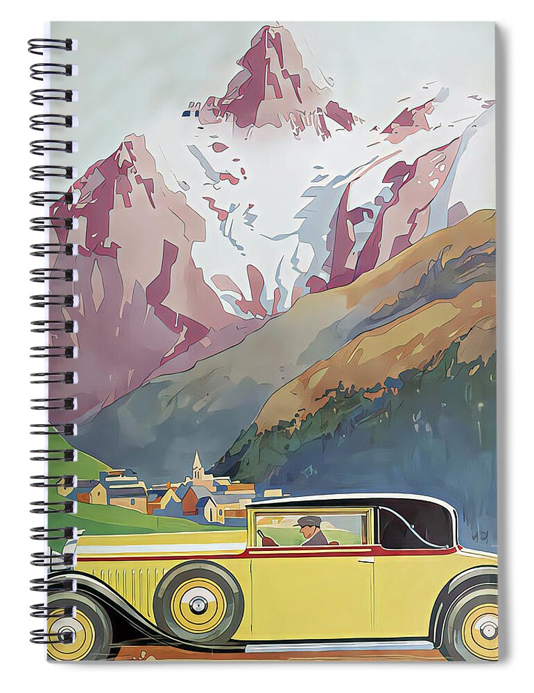 Vintage Spiral Notebook featuring the mixed media 1932 Lorraine Coupe With Driver In Alpine Setting Original French Art Deco Illustration by Retrographs
