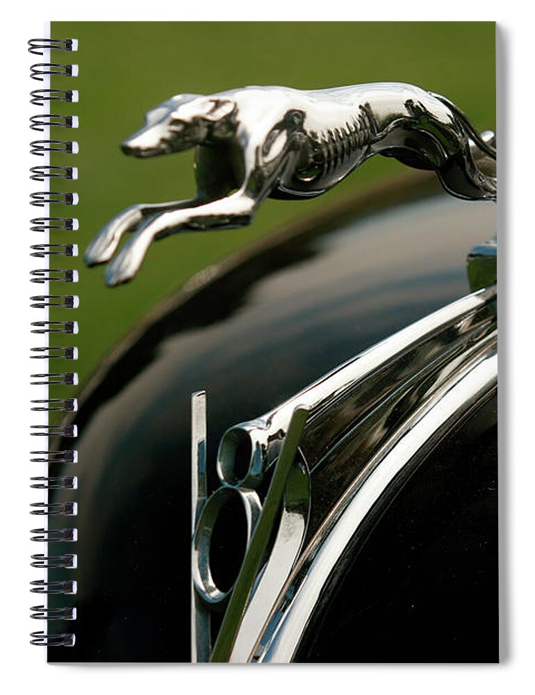 Vintage Spiral Notebook featuring the photograph 1940s Lincoln Greyhound V8 Mascot by Lucie Collins