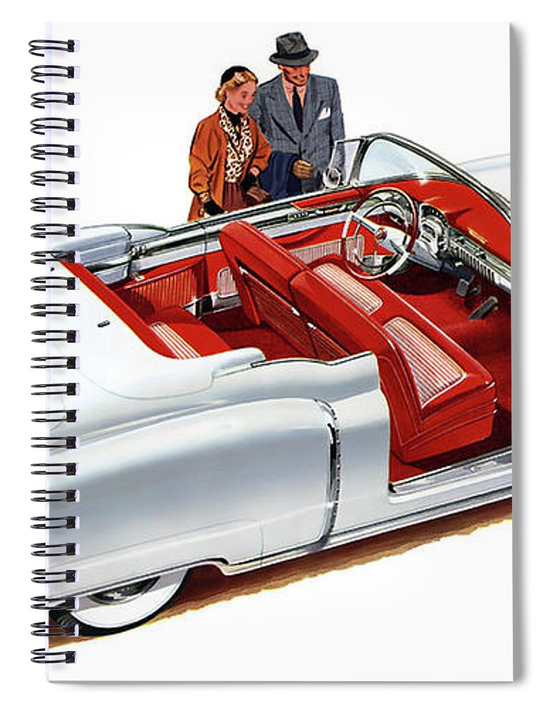Vintage Spiral Notebook featuring the mixed media 1954 Cadillac Convertible Advertisement With Fashion Models by Retrographs