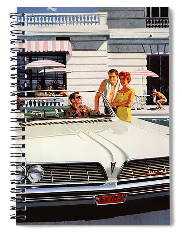 Vintage Spiral Notebook featuring the mixed media 1961 Pontiac Convertible Advertisement Country Club And Fashion Models by Retrographs