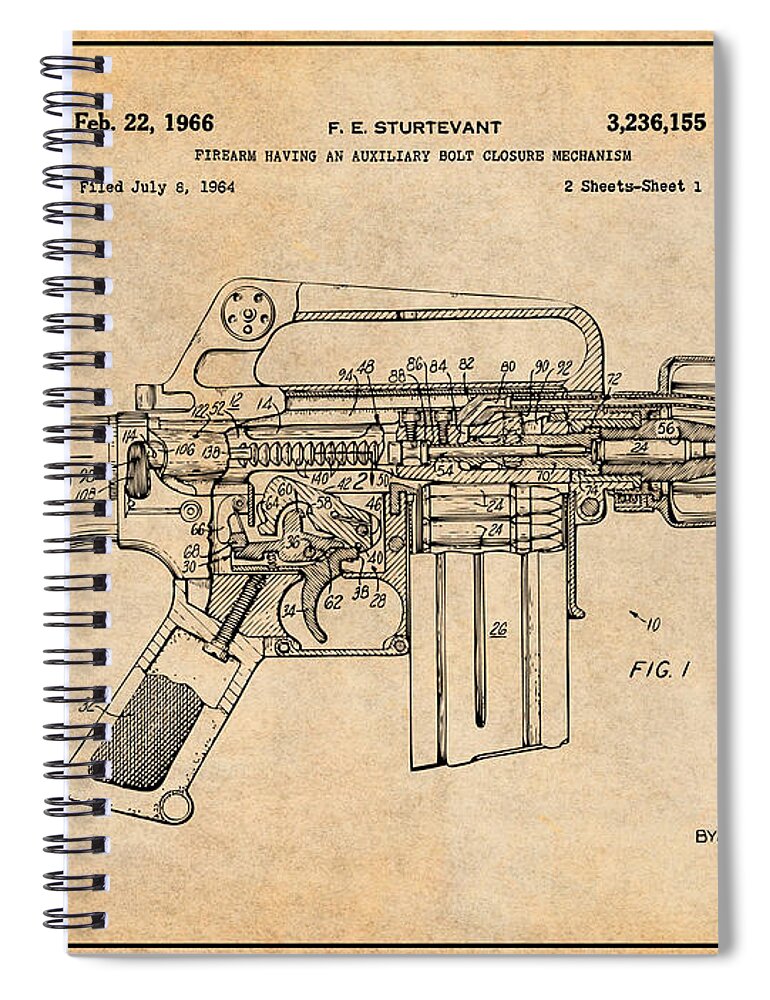  Ar15 Spiral Notebook featuring the drawing 1966 AR15 Assault Rifle Patent Print, M-16, Antique Paper by Greg Edwards