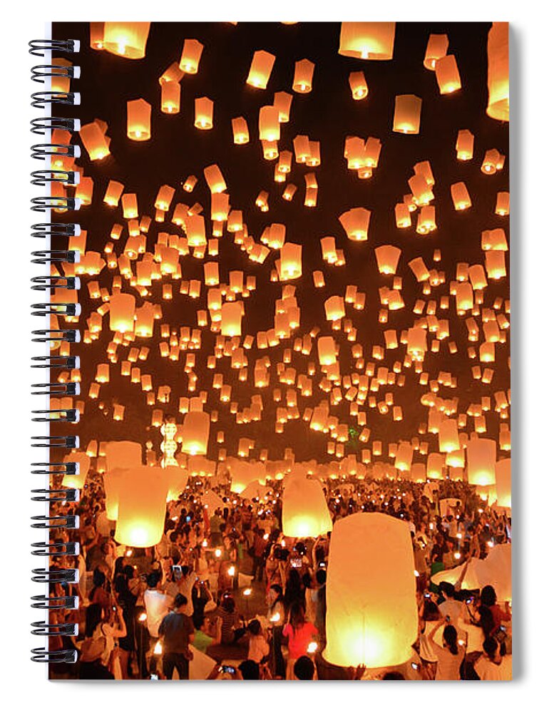 Crowd Spiral Notebook featuring the photograph Floating Lanterns Yi Peng In Thailand #2 by Nanut Bovorn