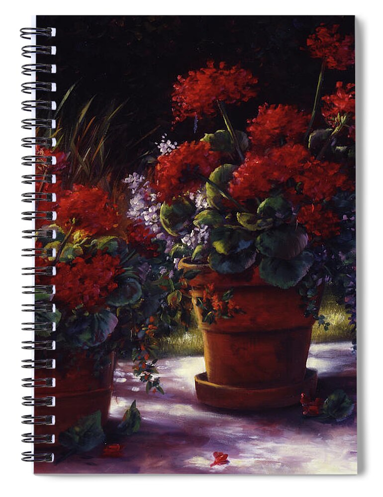 Red Spiral Notebook featuring the painting Red Geranium Pots by Lynne Pittard