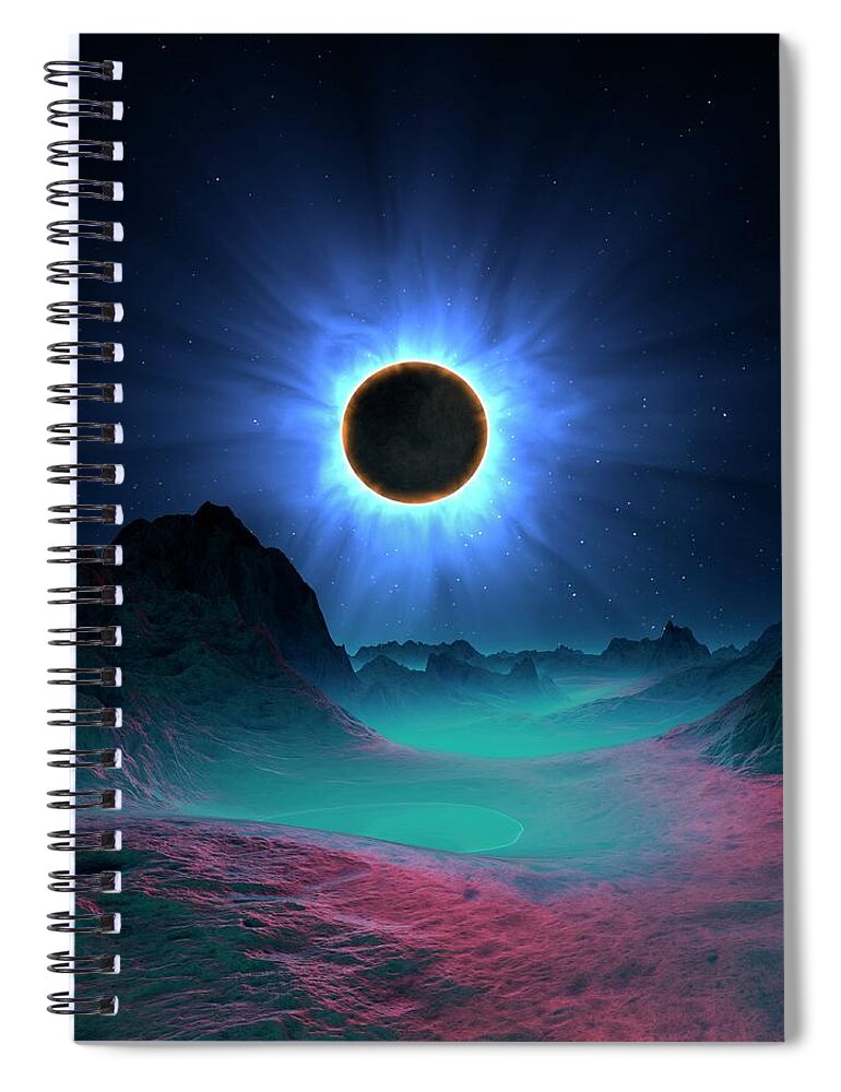 Concepts & Topics Spiral Notebook featuring the digital art Solar Eclipse In Alien Planetary System #2 by Mehau Kulyk