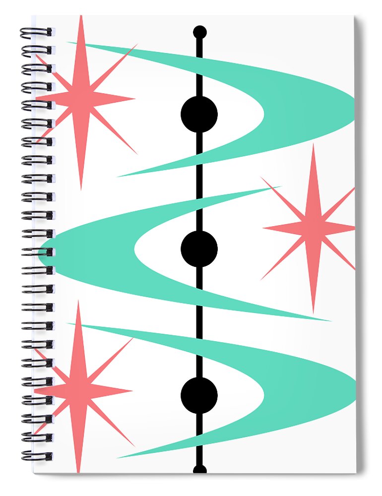 Mid Century Modern Spiral Notebook featuring the digital art Boomerangs and Stars by Donna Mibus