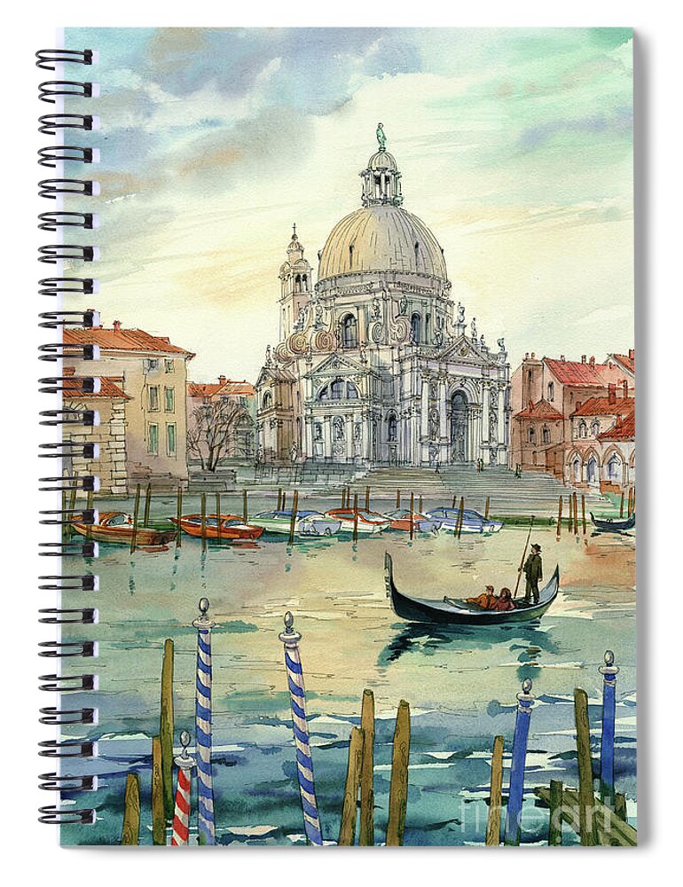 Venetian Scenery; Santa Maria Della Salute; Grand Canal. Venice; Italy; Gondola; Romantic; Vacation; Cityscape; Drawing; Architectural Rendering; Bird's-eye-view; Blue; Yellow; Red; Sky; Water; Watercolor; Painting; Maria Rabinky; Rabinky; Rabinsky; Art Spiral Notebook featuring the painting Santa Maria della Salute by Maria Rabinky