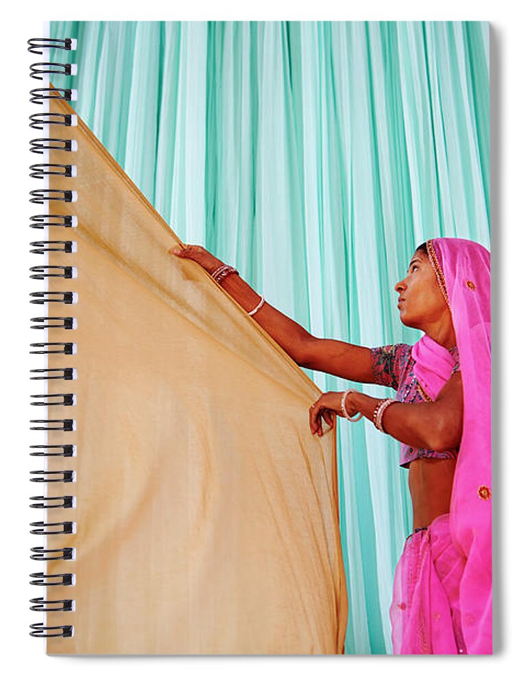Hanging Spiral Notebook featuring the photograph India, Rajasthan, Sari Factory #5 by Tuul & Bruno Morandi