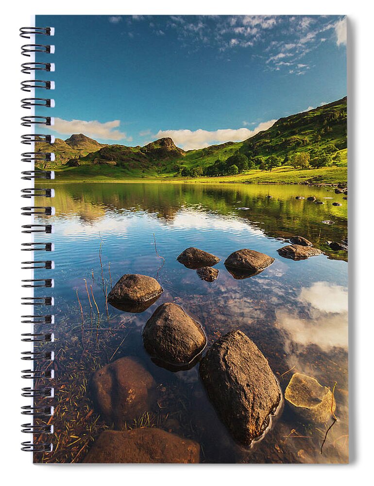 Estock Spiral Notebook featuring the digital art United Kingdom, England, Cumbria, Great Britain, Lake District, British Isles, Blea Tarn, Blea Tarn With The Lake District Peaks In The Background On A Sunny Summer Afternoon #8 by Maurizio Rellini