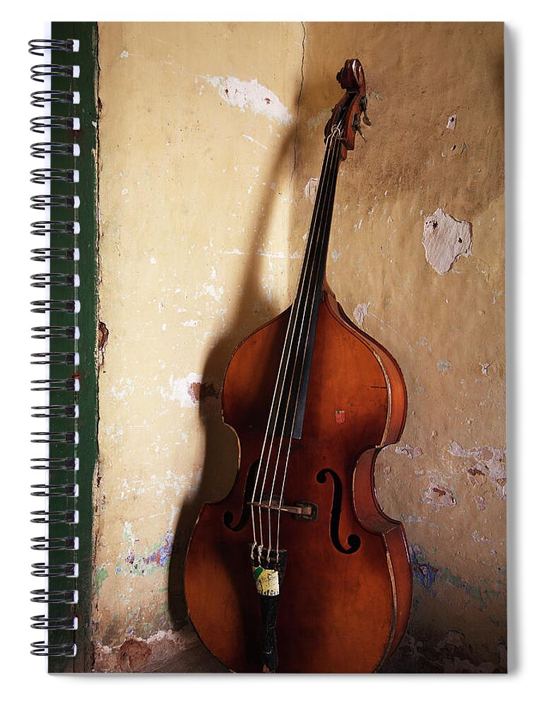 Music Spiral Notebook featuring the photograph A An Double Bass In The Corner Of A Room by Russell Monk