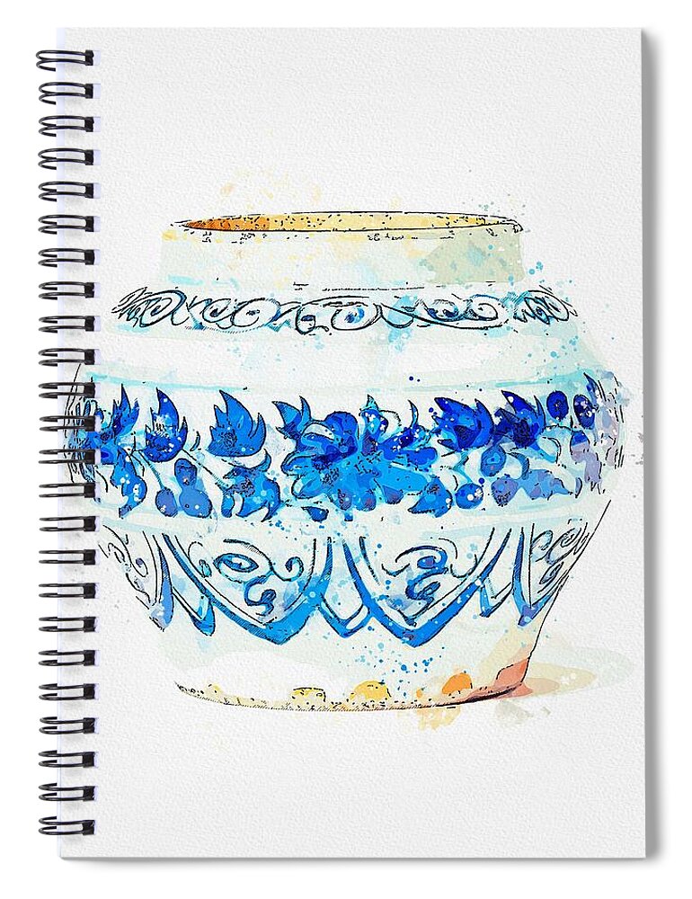 Pottery Spiral Notebook featuring the painting A BLUE AND WHITE CHRYSANTHEMUM JARLET YUAN DYNASTY 1279-1368 watercolor by Ahmet Asar by Celestial Images