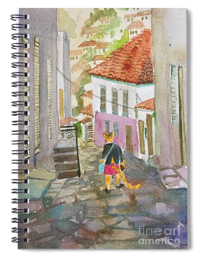 Cat Greek Islands Animals Fanciful Spiral Notebook featuring the painting A Cat Takes a Walk in Hydra by Diane Renchler
