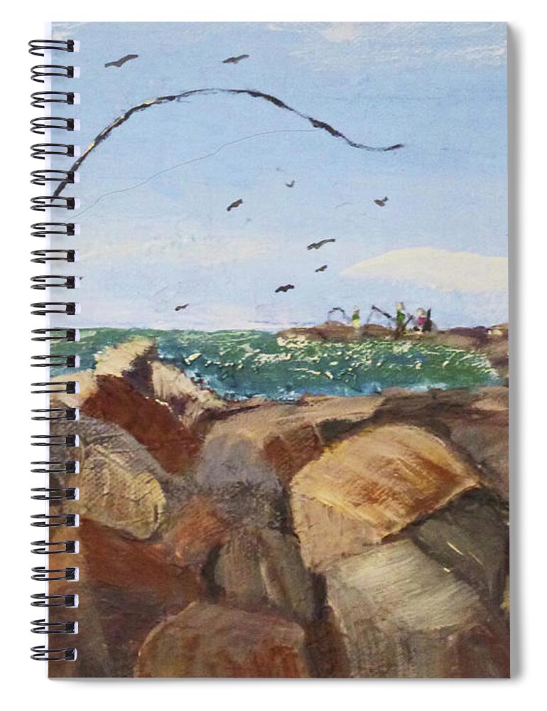 Landscape Spiral Notebook featuring the painting A Day at the Jetty by Sharon Williams Eng