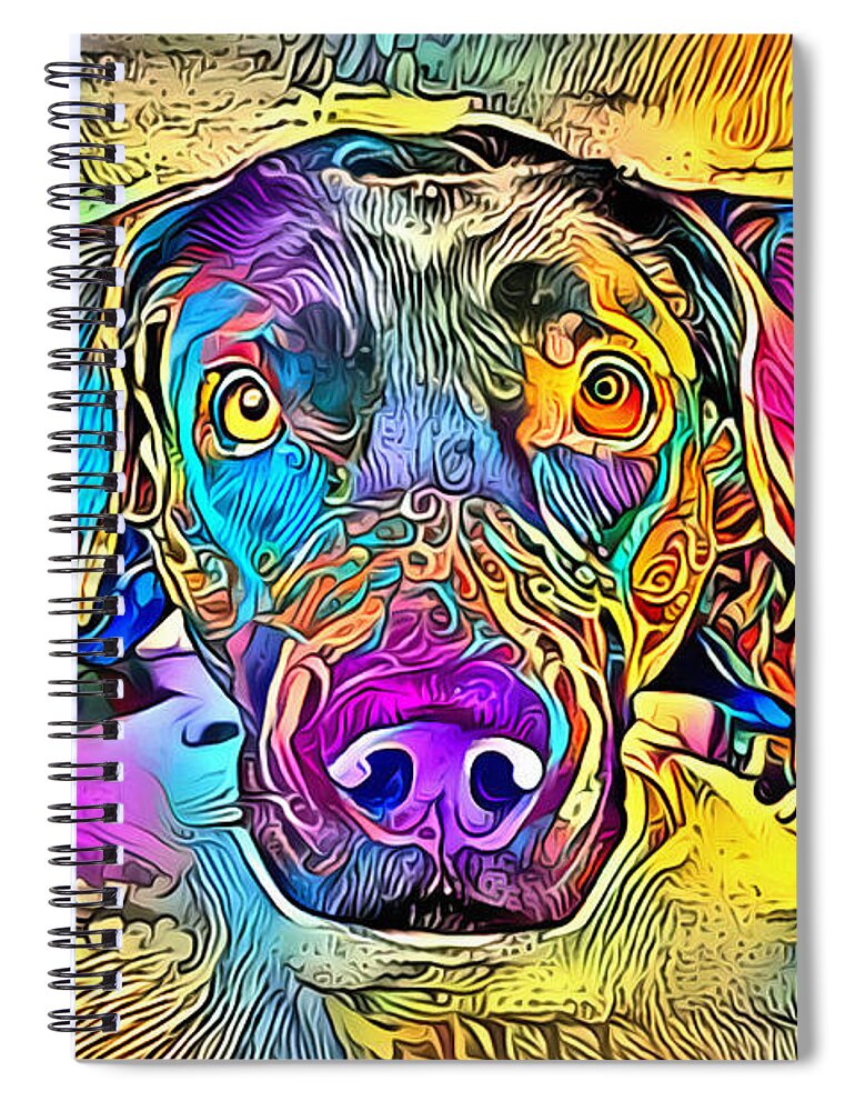 Dog Spiral Notebook featuring the digital art A dog lies in bright and colourful colours by Gina Koch