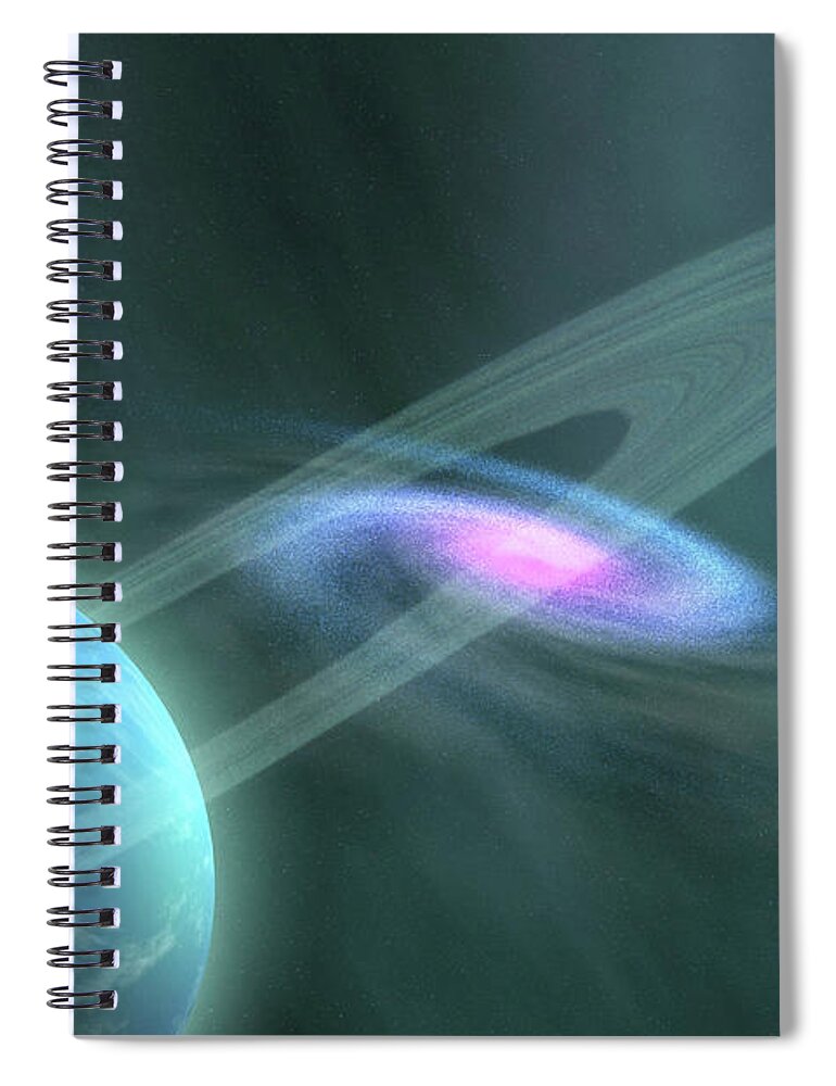 Concepts & Topics Spiral Notebook featuring the digital art A Galaxy Swirls Near A Planet And Its by Corey Ford/stocktrek Images
