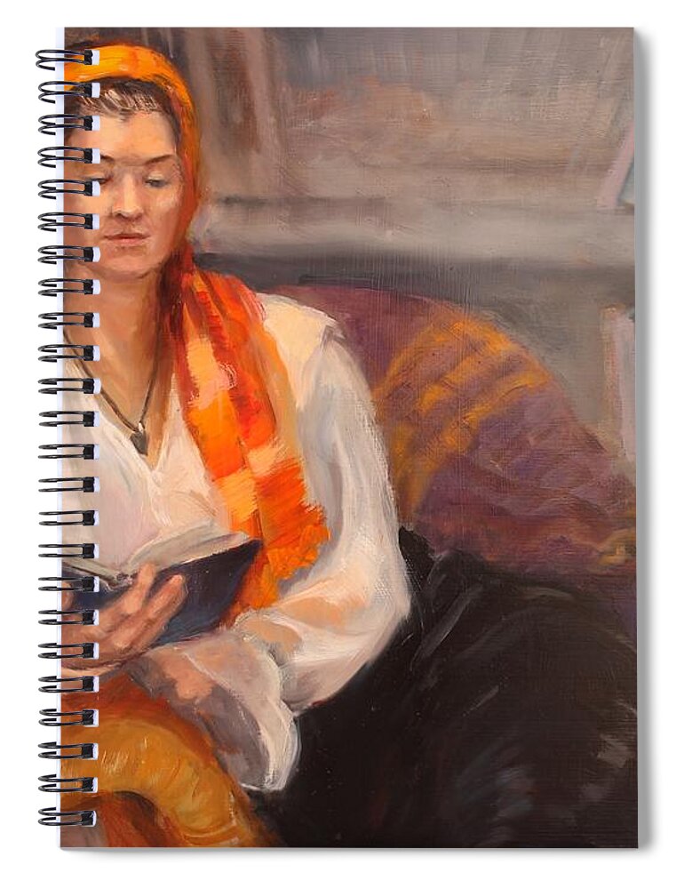 Portrait Spiral Notebook featuring the painting A Good Book by Marian Berg