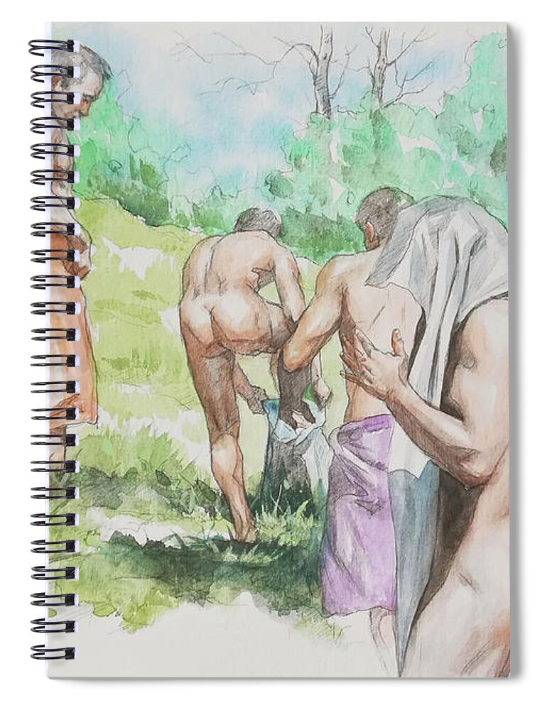 Male Nude Spiral Notebook featuring the painting A group of swimmers by Hongtao Huang