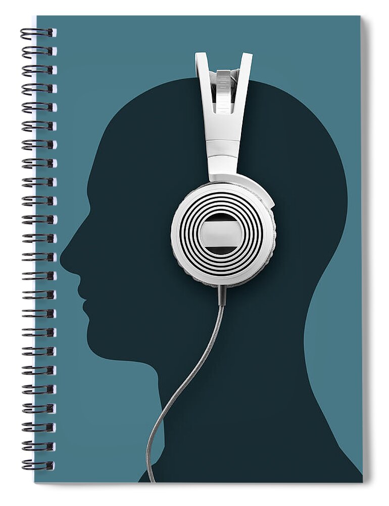 Music Spiral Notebook featuring the photograph A Headphone And A Silhouette Head by Jorg Greuel