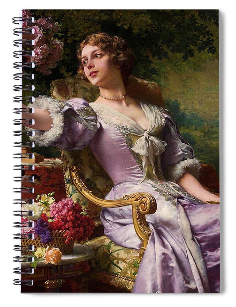 Lady In A Lilac Dress Spiral Notebook featuring the painting A Lady In A Lilac Dress With Flowers by Wladyslaw Czachorski by Rolando Burbon