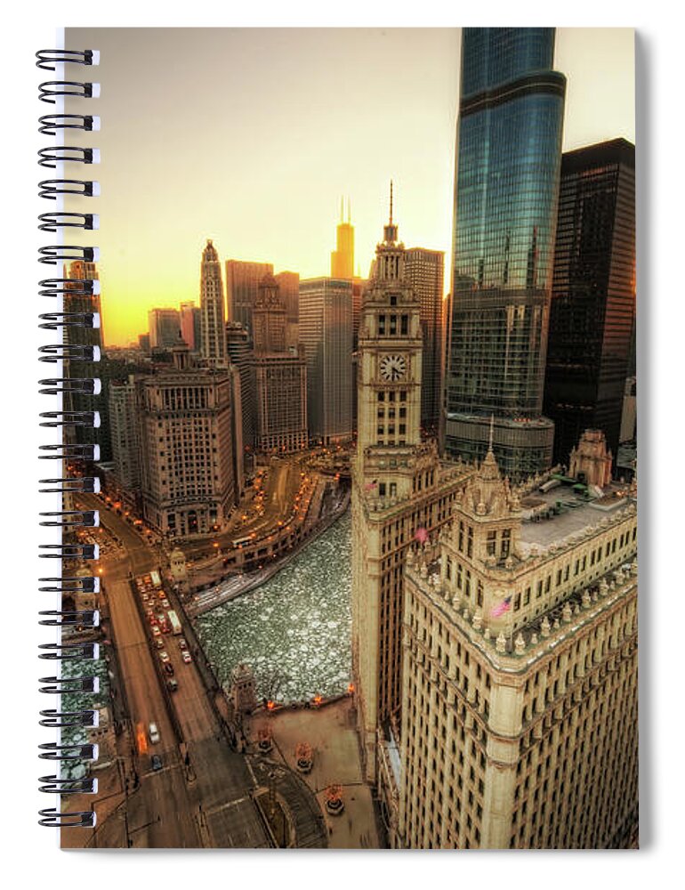 Chicago River Spiral Notebook featuring the photograph A Long Sunset In The Emerald City by Justin W. Kern