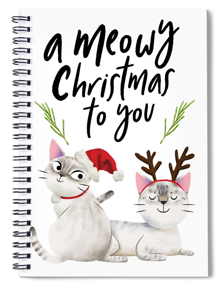 Christmas Spiral Notebook featuring the digital art A Meowy Christmas To You by Chiho Watanabe