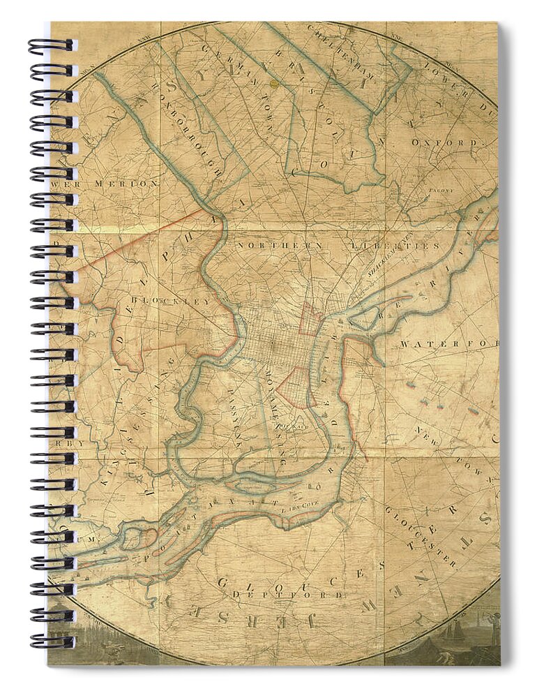 Map Spiral Notebook featuring the mixed media A plan of the City of Philadelphia and Environs, 1808-1811 by John Hills