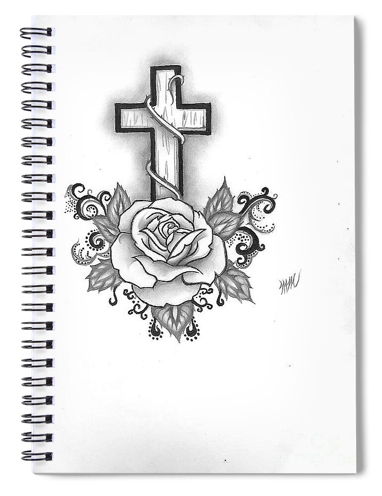 Rose Spiral Notebook featuring the drawing A Rose and a Cross by Marissa McAlister